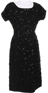 60s Black Swirled Sequin Embellished Party Dress - S
