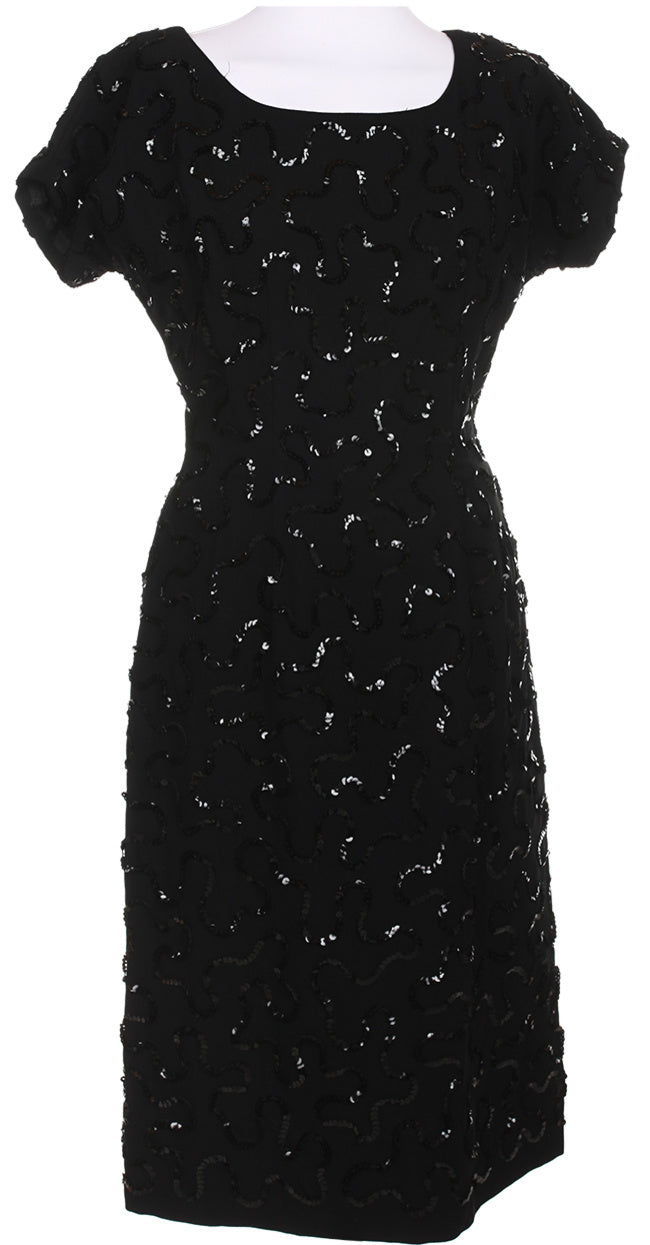 60s Black Swirled Sequin Embellished Party Dress - S