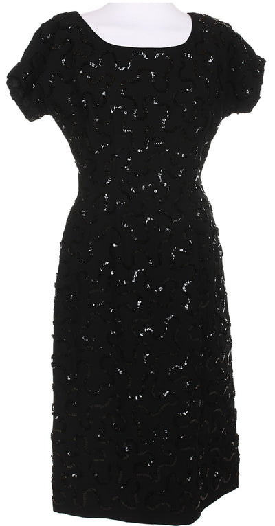 60s Black Swirled Sequin Embellished Party Dress - S