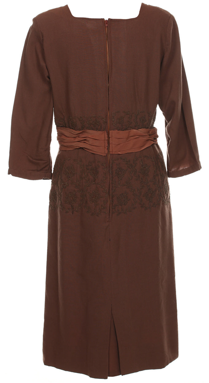 60s Brown Long Sleeve Embroidered Midi Dress - M