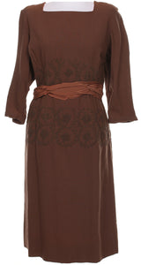60s Brown Long Sleeve Embroidered Midi Dress - M