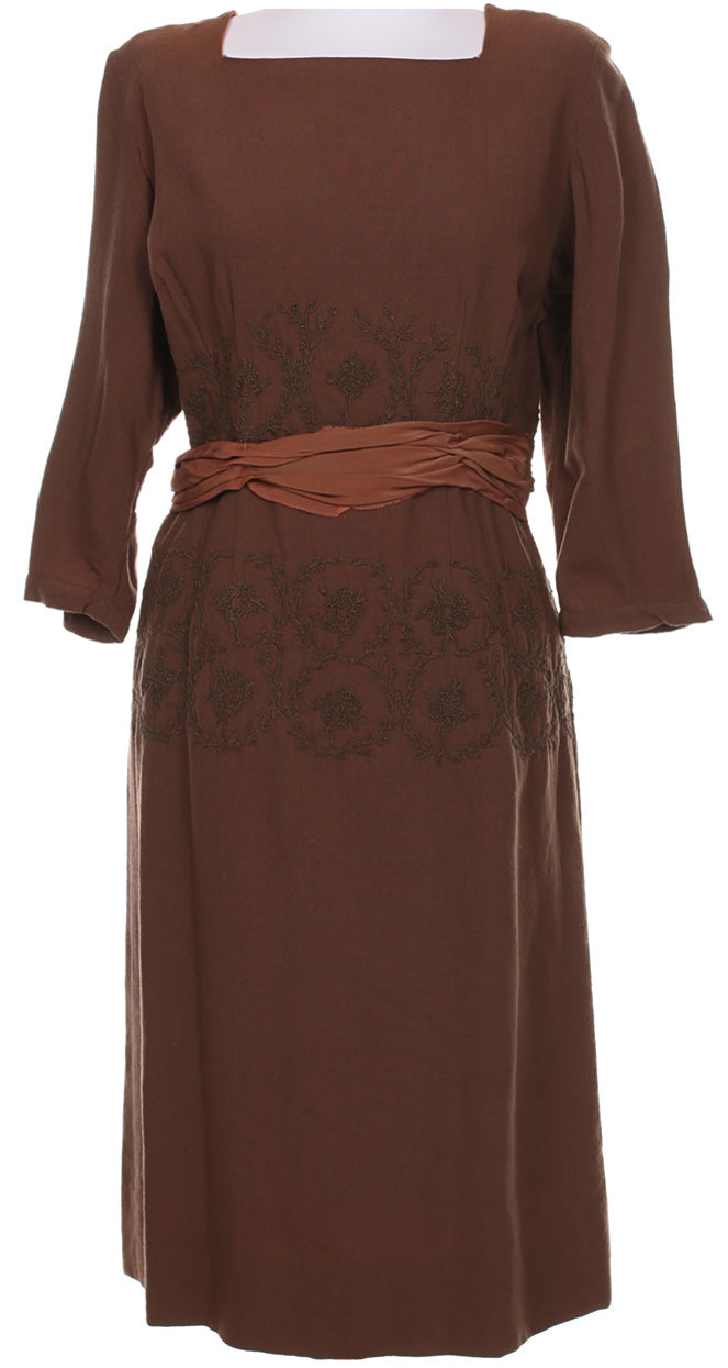 60s Brown Long Sleeve Embroidered Midi Dress - M