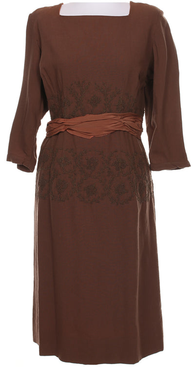 60s Brown Long Sleeve Embroidered Midi Dress - M