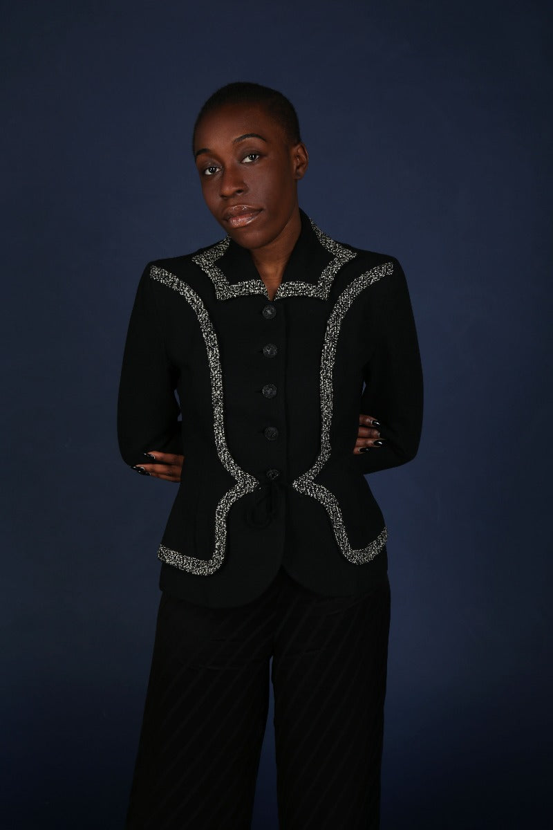 1940s Eve-Marie Black Bouclé &amp; Crepe Jacket - M