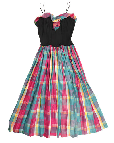 Vintage 50s Multicolored Checked Party Dress - XS