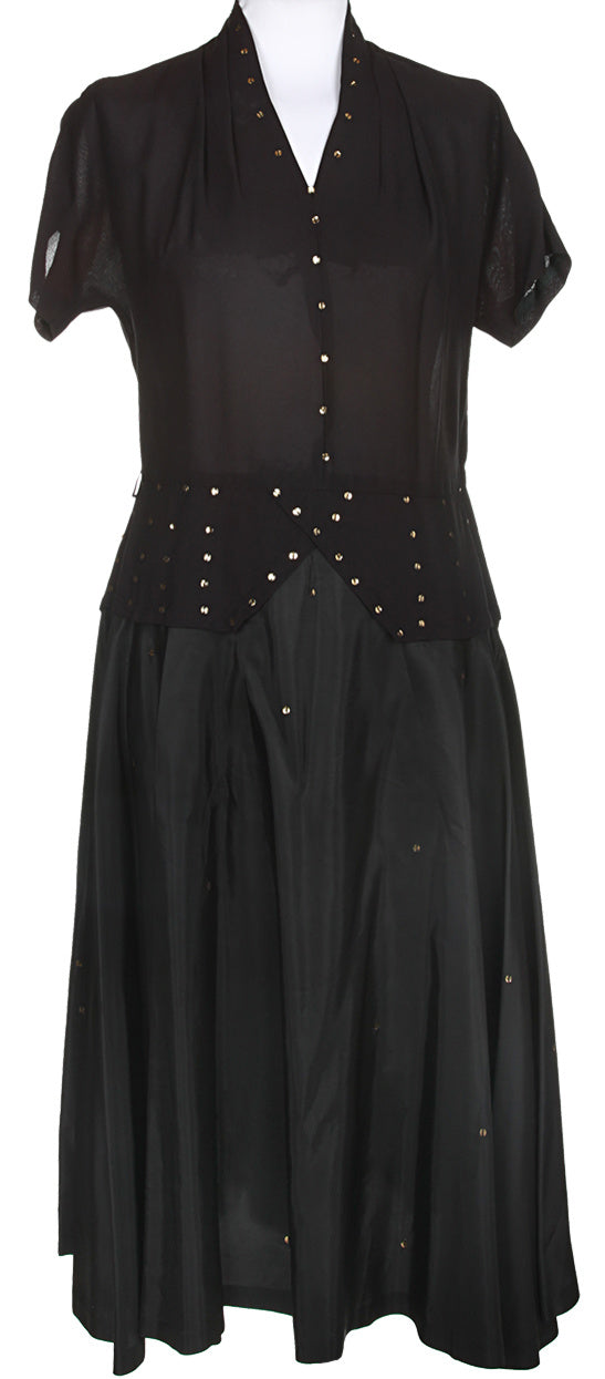 Vintage 1950s Black &amp; Gold Sequin Detailed Short Sleeve Dress - S