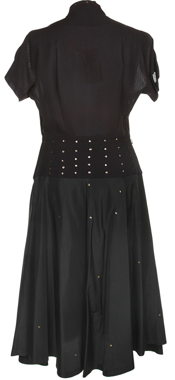 Vintage 1950s Black &amp; Gold Sequin Detailed Short Sleeve Dress - S