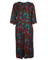 60s Gerber Brown, Fuchsia &amp; Blue Dark Paisley Midi Dress - M