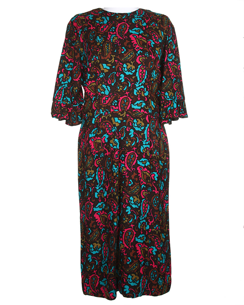 60s Gerber Brown, Fuchsia &amp; Blue Dark Paisley Midi Dress - M
