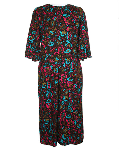 60s Gerber Brown, Fuchsia & Blue Dark Paisley Midi Dress - M