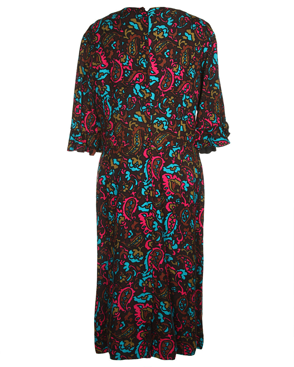 60s Gerber Brown, Fuchsia &amp; Blue Dark Paisley Midi Dress - M