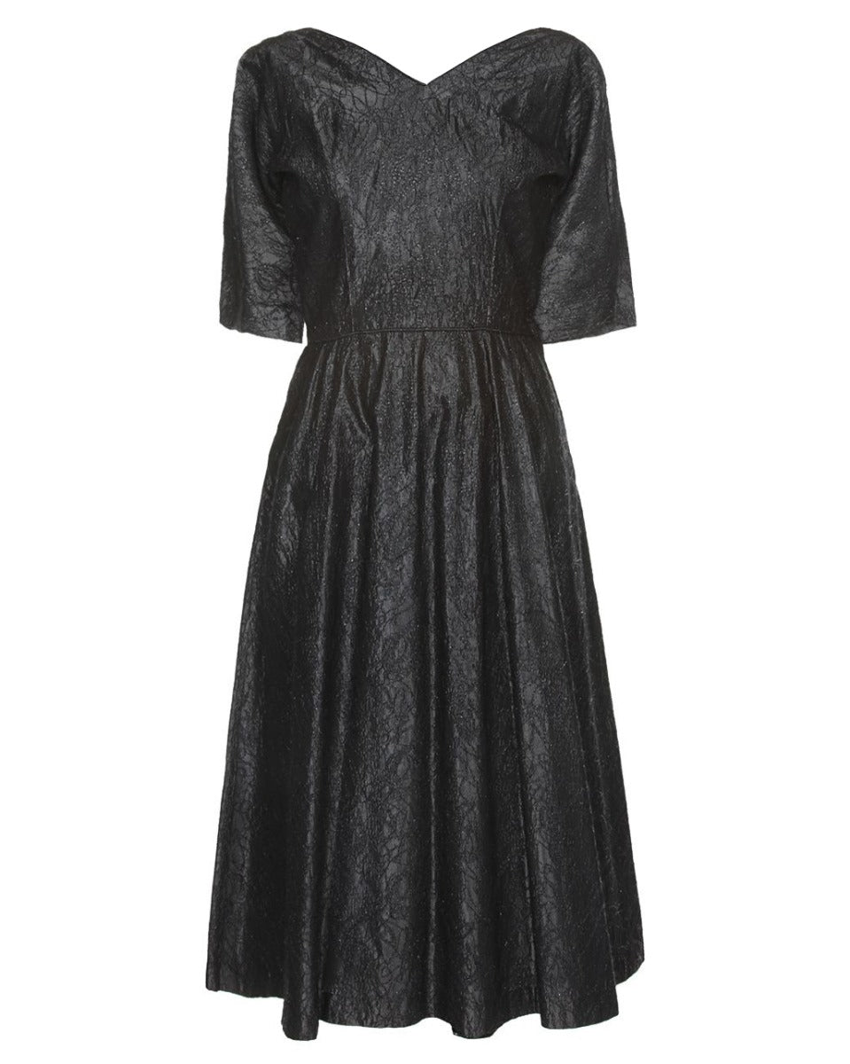 1950s Vintage Black Metallic Mesh Prom Dress - S
