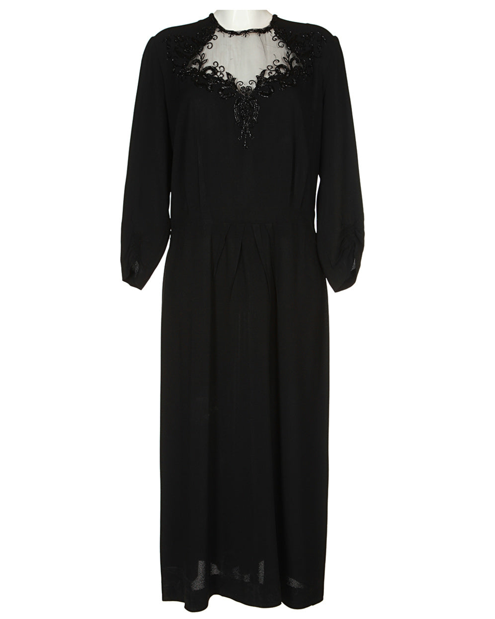 40s Black Beaded Long Sleeved Dress - M