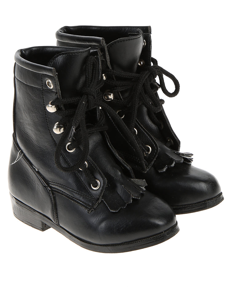 Childrens Black Ankle Boots With Fringe Detail - UK 11