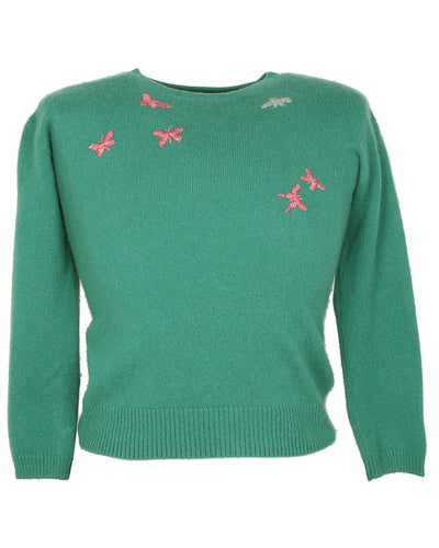 Embroidered Butterfly Green cashmere Jumper - Age 11- 2