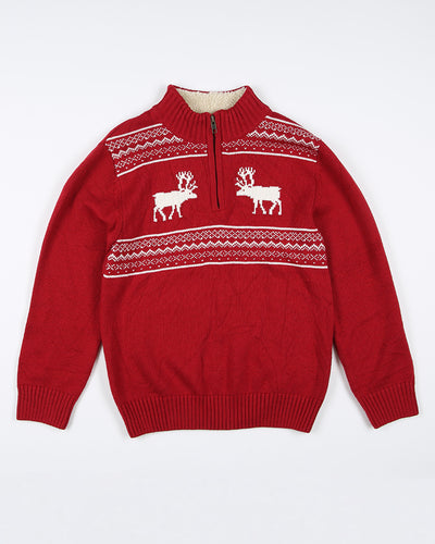Red zip-up reindeer pattern Christmas jumper - age 7-8