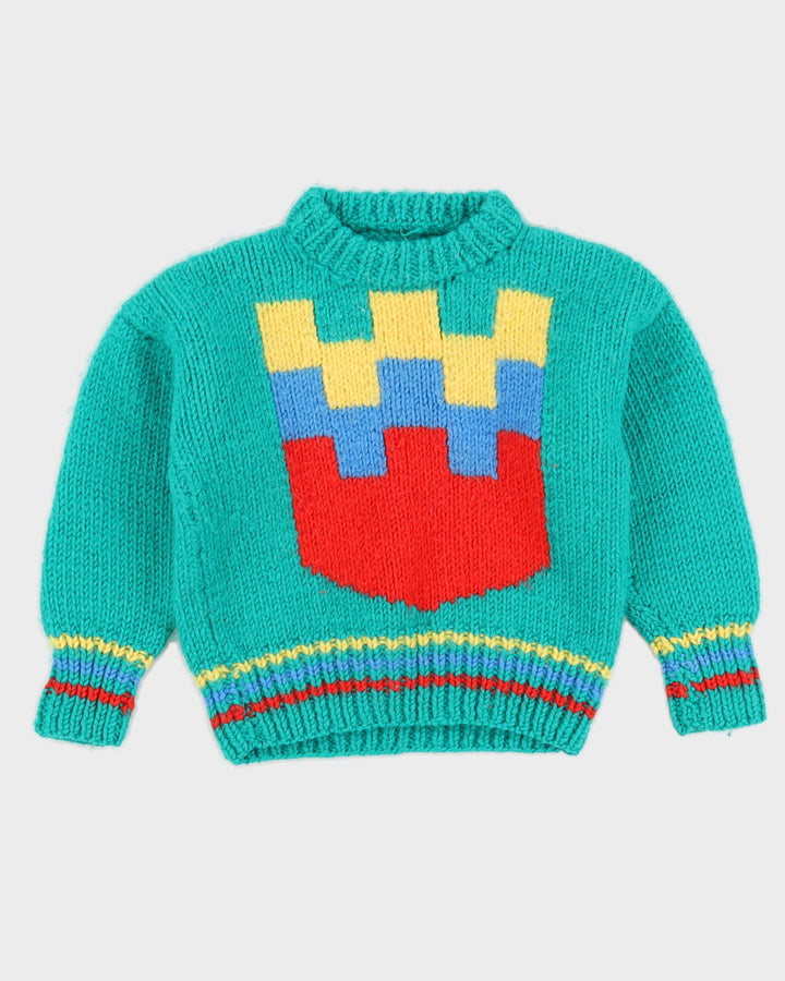 Hand Knitted Green Patterned Wool Jumper