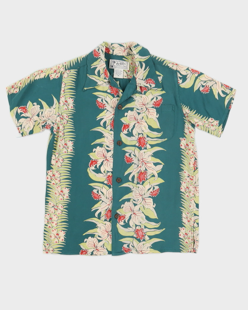 Kid's Deep Green Floral Hawaiian Pure Silk Shirt