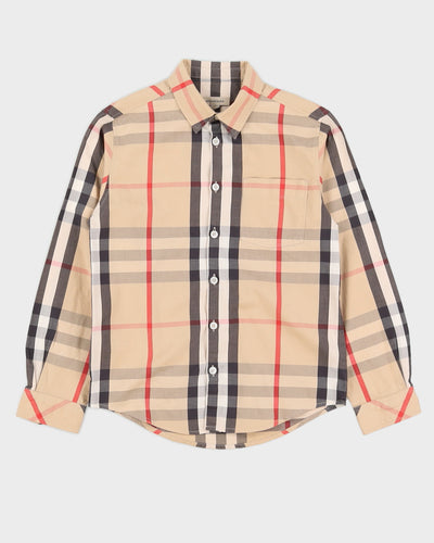 Kid's Beige Plaid Burberry Collared Button-Up Shirt