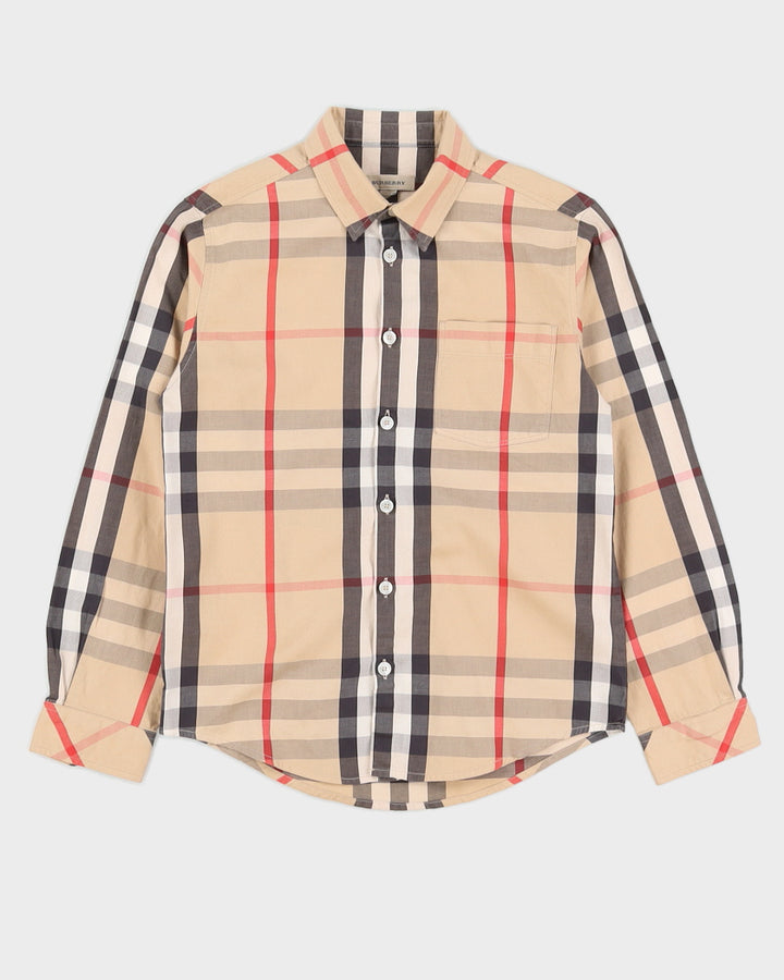 Kid's Beige Plaid Burberry Collared Button-Up Shirt