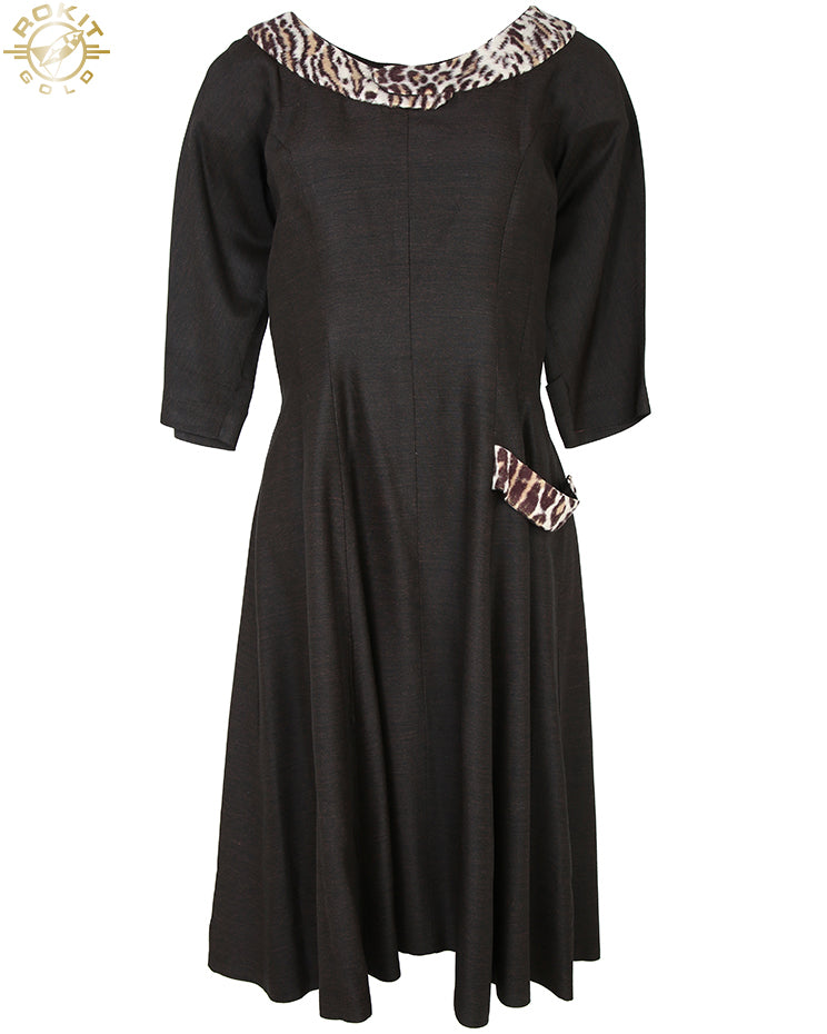 50s Joy Frock Brown &amp; Animal Print Party Dress - S