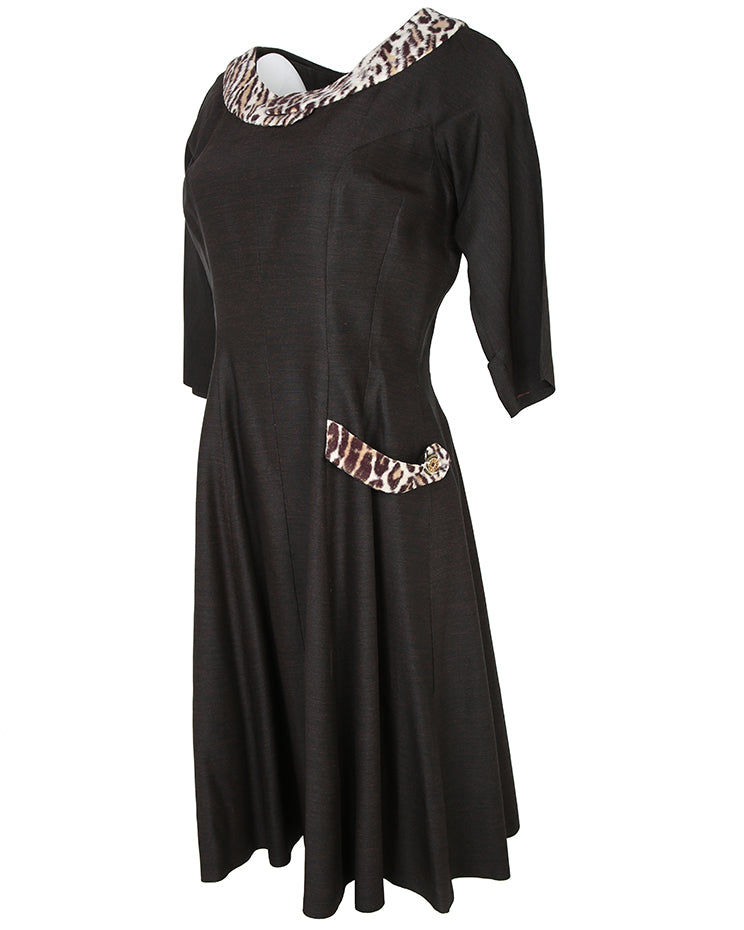 50s Joy Frock Brown &amp; Animal Print Party Dress - S