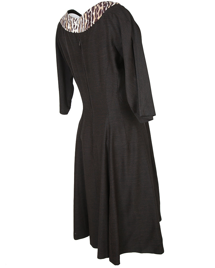 50s Joy Frock Brown &amp; Animal Print Party Dress - S