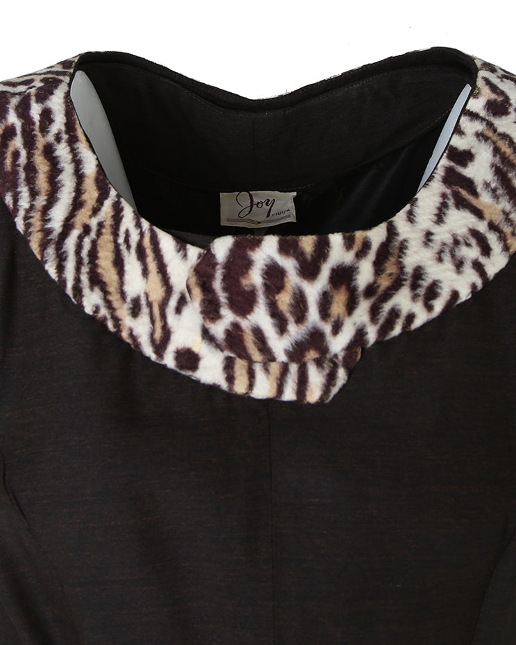 50s Joy Frock Brown &amp; Animal Print Party Dress - S
