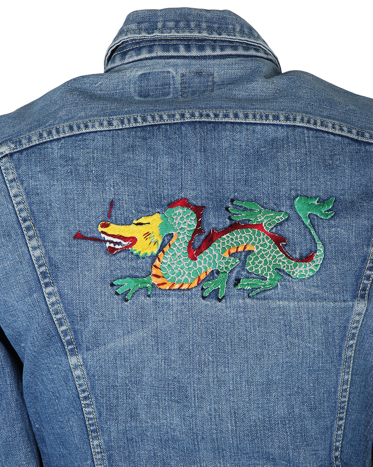 70s Lee Riders Sanforized Jean Jacket with Embroidered Dragon - M