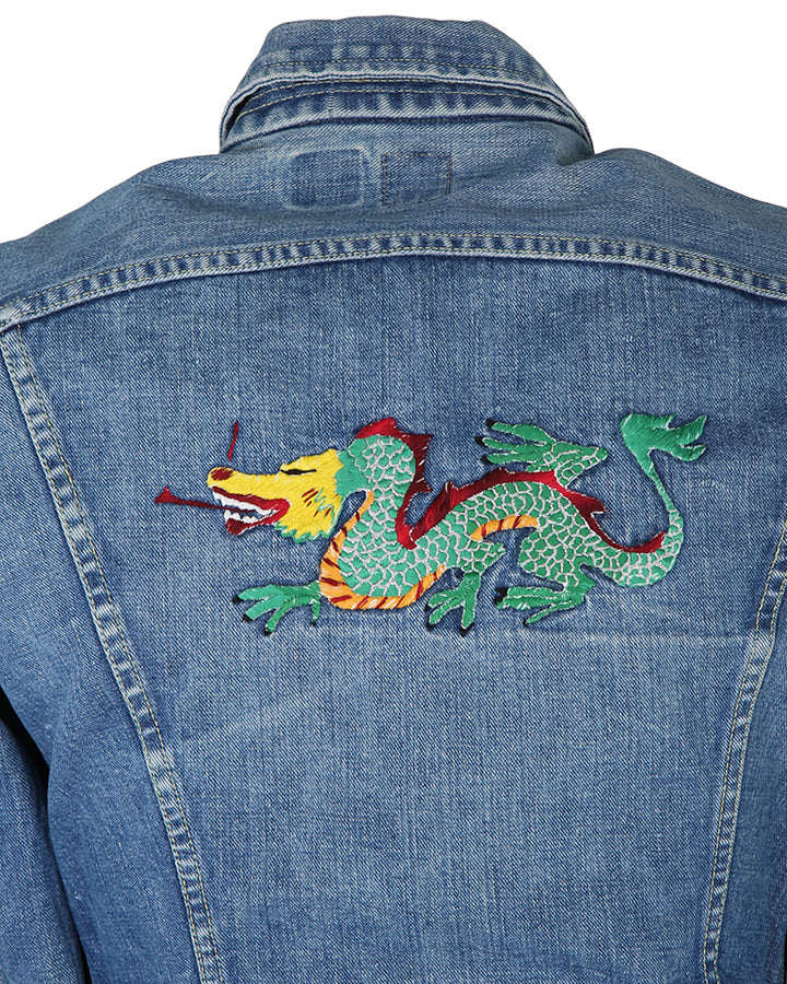 70s Lee Riders Sanforized Jean Jacket with Embroidered Dragon - M