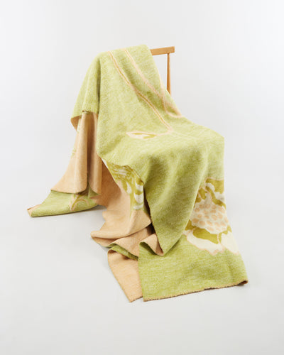 Vintage 1970s Green And Beige Floral Wool Blanket