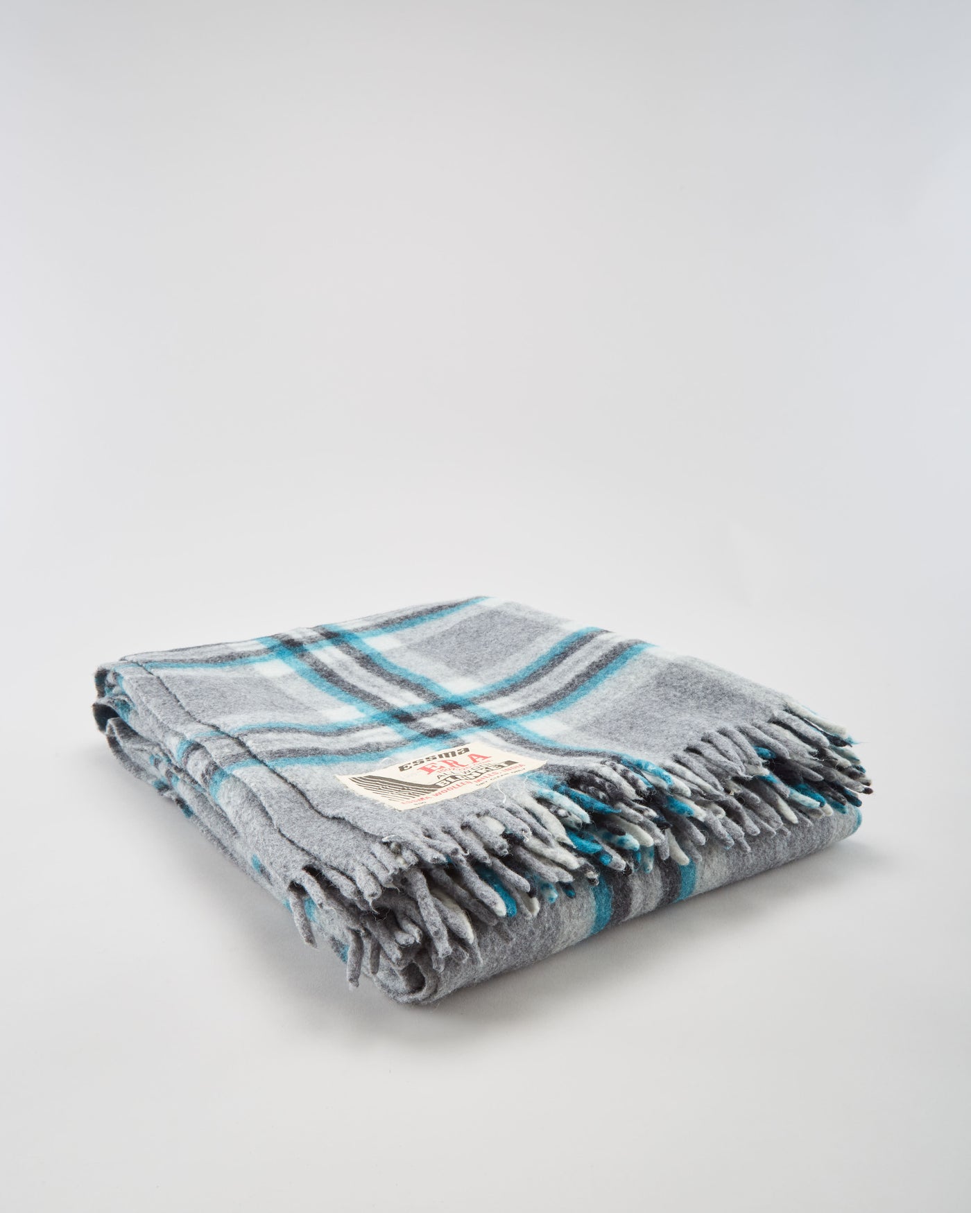 Vintage 1980s Grey And Blue Plaid Wool Blanket