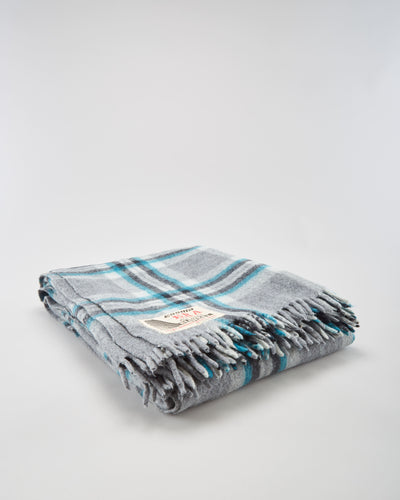 Vintage 1980s Grey And Blue Plaid Wool Blanket