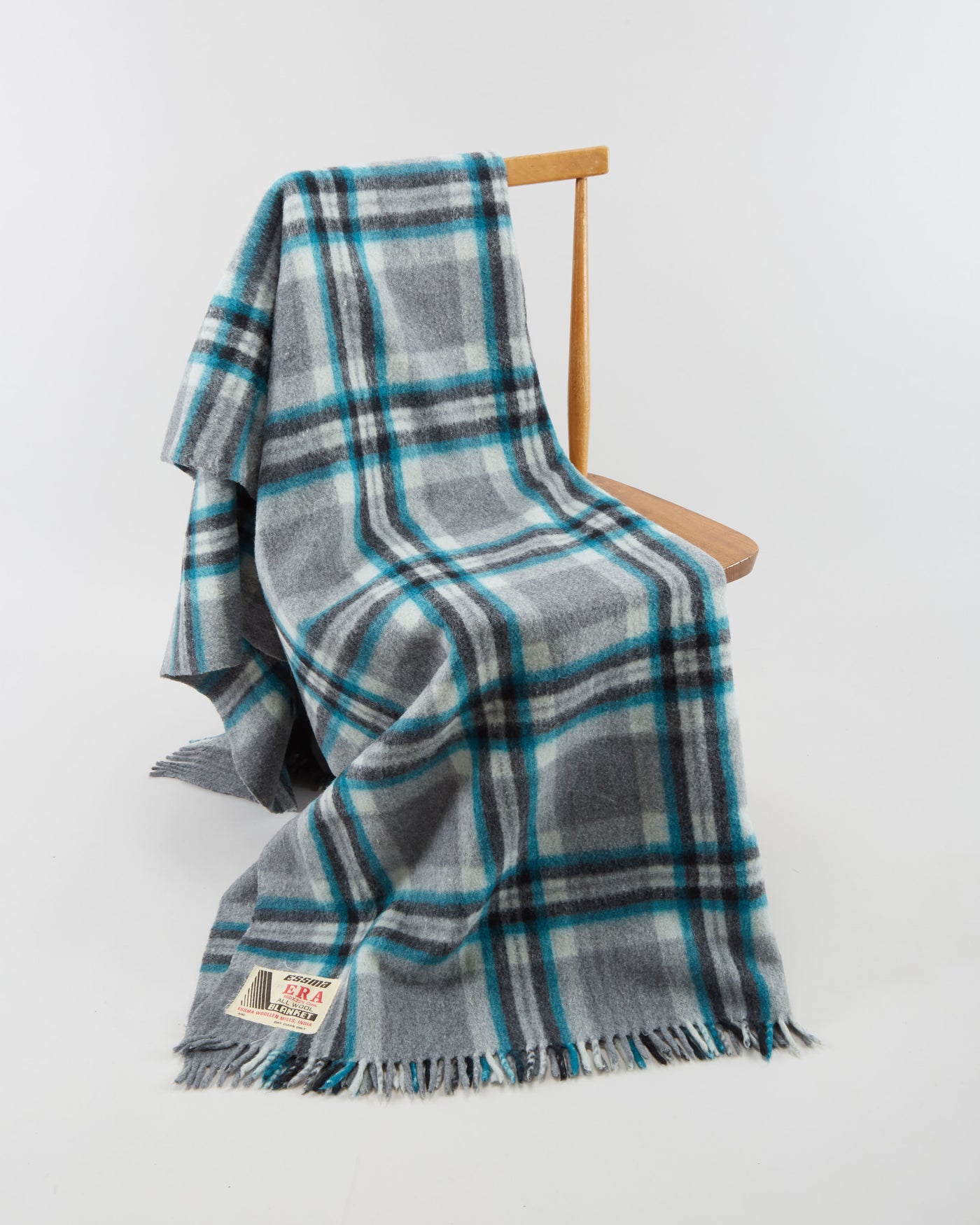 Vintage 1980s Grey And Blue Plaid Wool Blanket