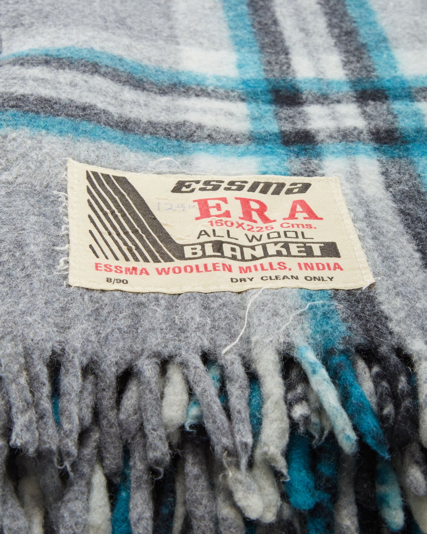 Vintage 1980s Grey And Blue Plaid Wool Blanket