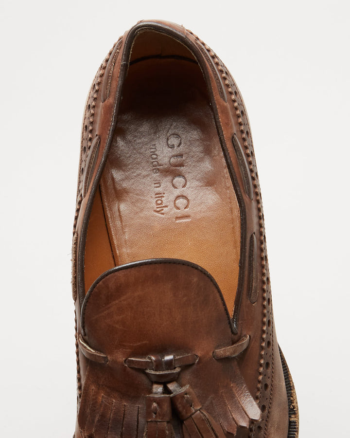 90s Gucci Brown Wing Tip Tassel Detailed Shoes - UK 6