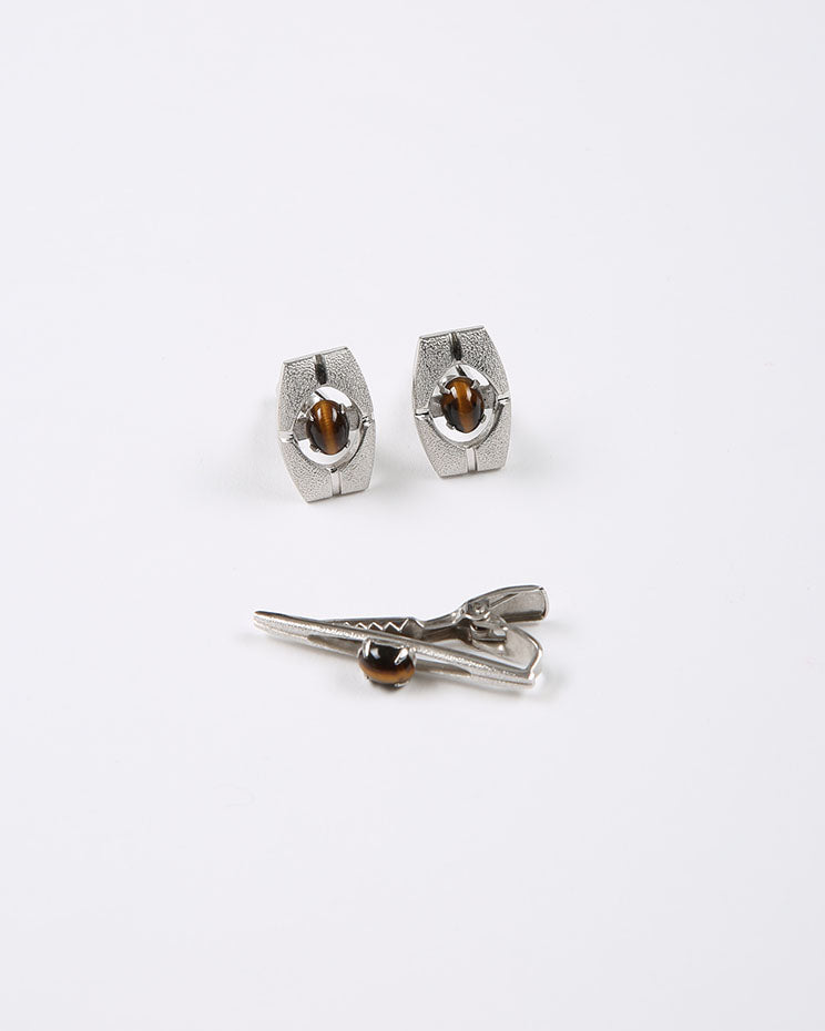 Silver Tone And Snake Eye Stone Tie Bar And Cuff Links Set