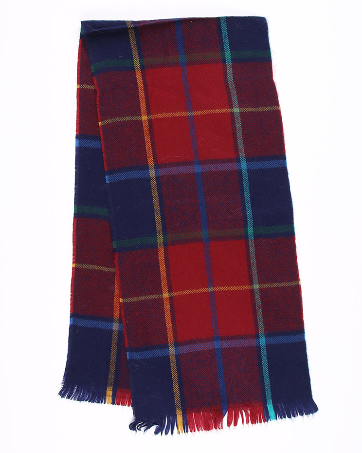 Vintage check scarf with fringing in red and navy blue