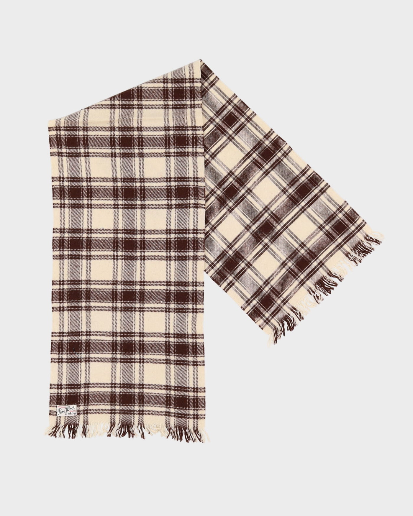 1960s Cream And Brown Plaid Wool Scarf