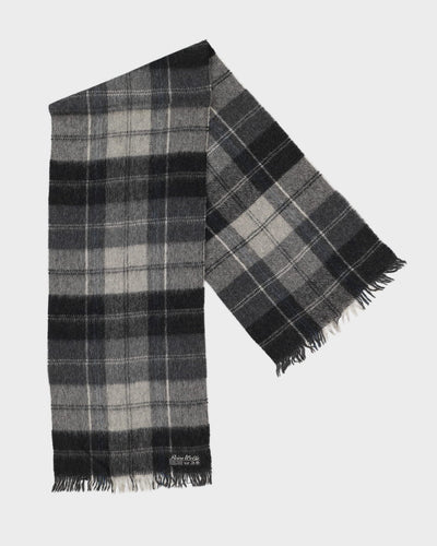 Grey Checked Wool Fringed Scarf