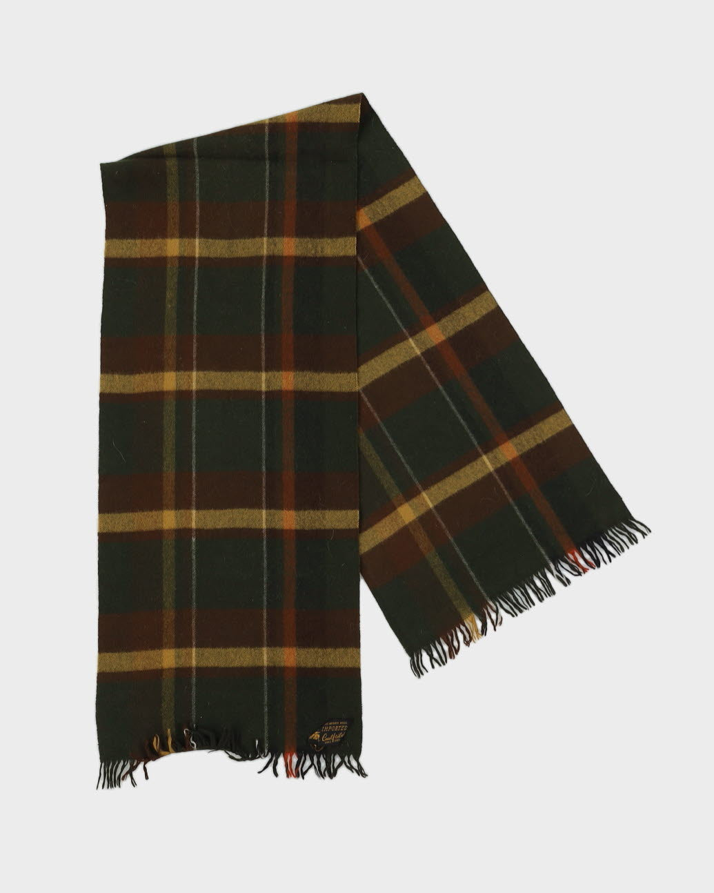 Vintage 1980s Green Checked Wool Fringed Scarf
