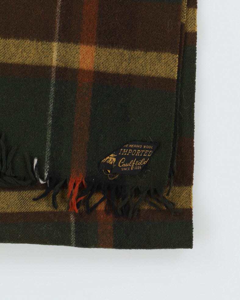 Vintage 1980s Green Checked Wool Fringed Scarf