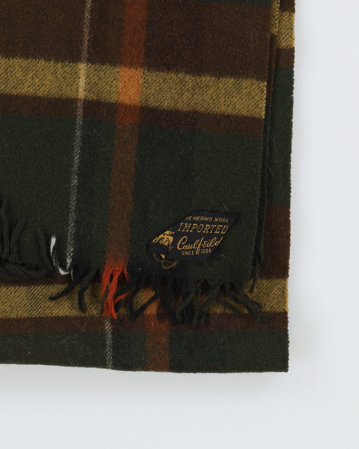Vintage 1980s Green Checked Wool Fringed Scarf
