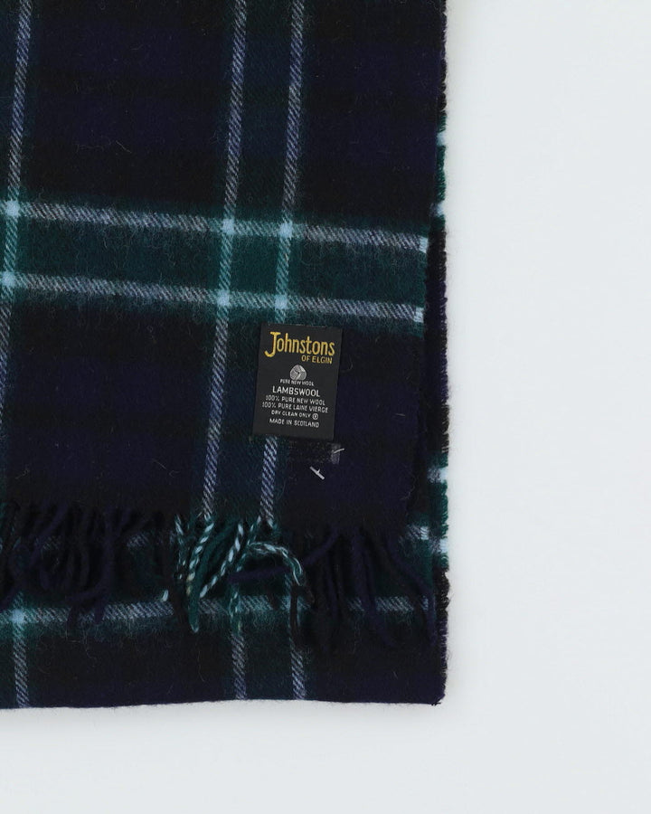 Johnstons Of Elgin Blue Checked Wool Fringed Scarf