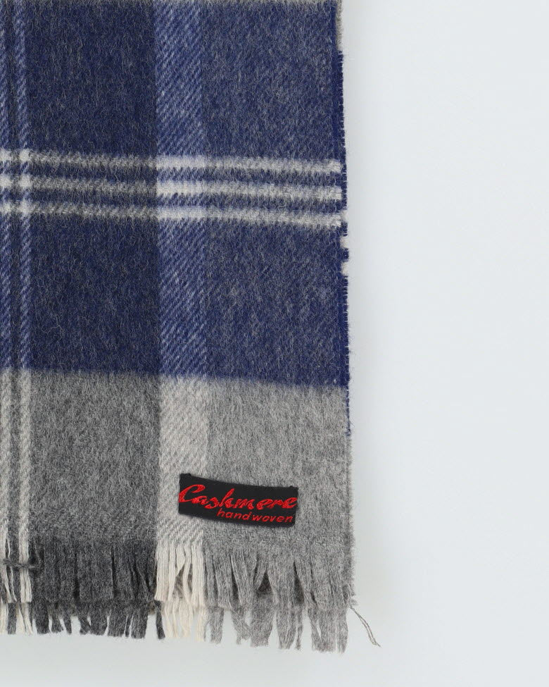 Blue And Grey Checked Cashmere Fringed Scarf