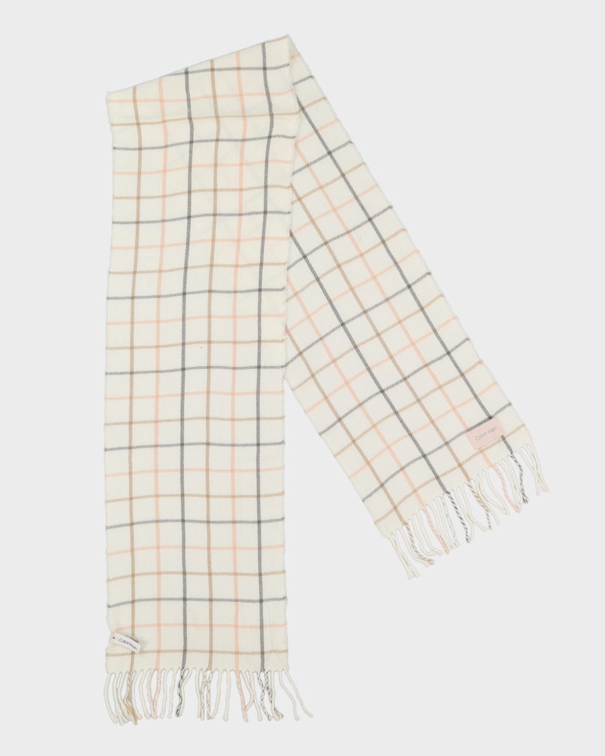 Calvin Klein Cream Checked Fringed Scarf