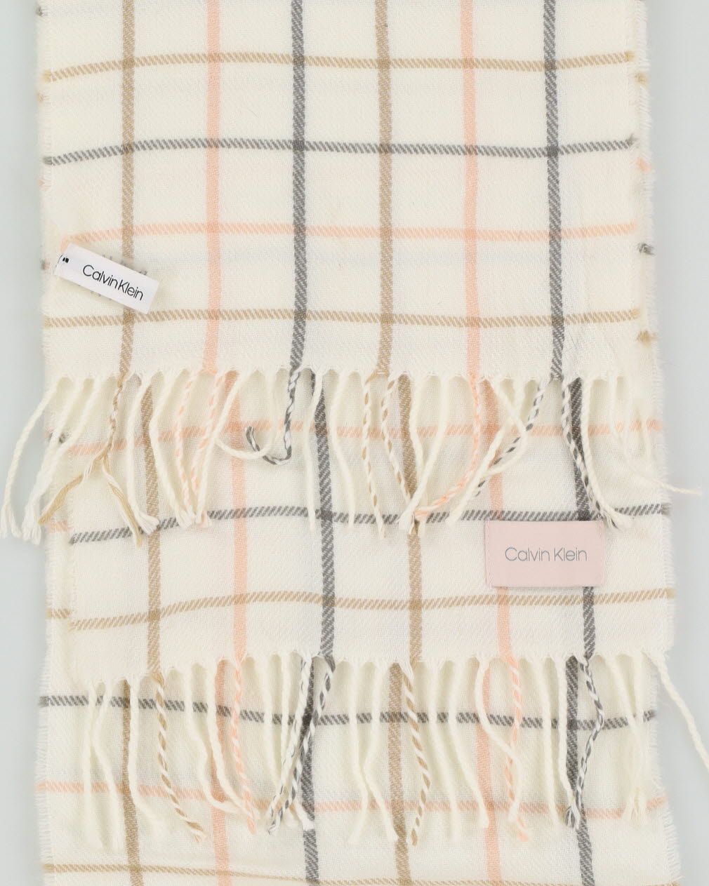 Calvin Klein Cream Checked Fringed Scarf