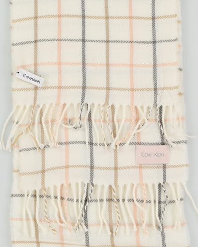 Calvin Klein Cream Checked Fringed Scarf