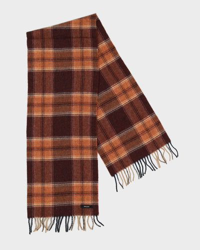 Burgundy And Orange Checked Fringed Scarf