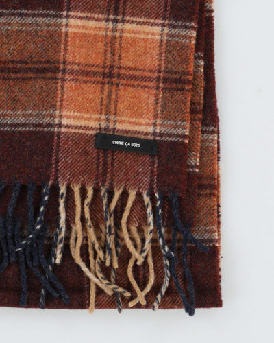 Burgundy And Orange Checked Fringed Scarf